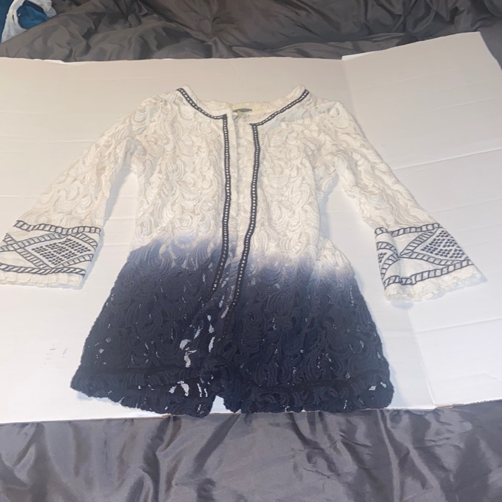 BKE sheer cream, blue and black cardigan size M